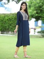 Juniper Women Navy Rayon Festive Embroidered Flared Kurta