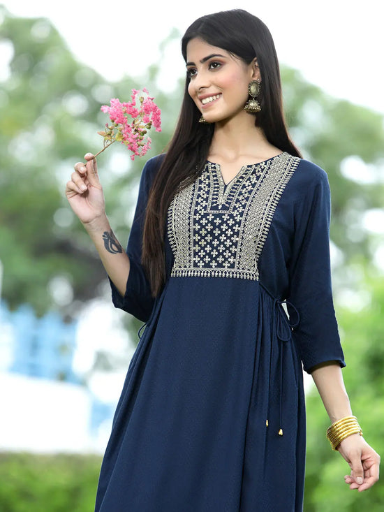 Juniper Women Navy Rayon Festive Embroidered Flared Kurta