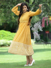 Juniper Mustard Georgette Festive Khadi Print Flared Dress For Women