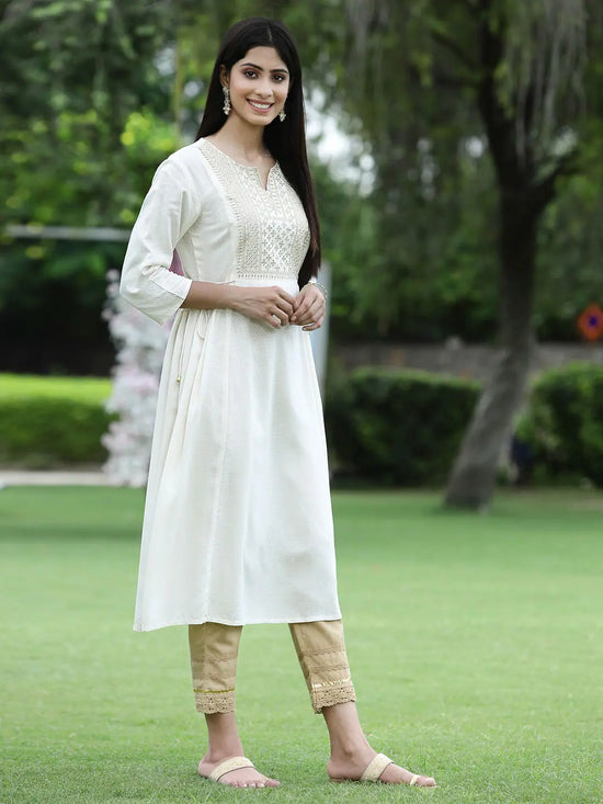 Juniper Women Ivory Rayon Festive Embroidered Flared Kurta