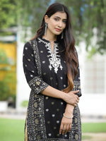 Juniper Women Black Rayon Festive Embroidered Straight Kurta