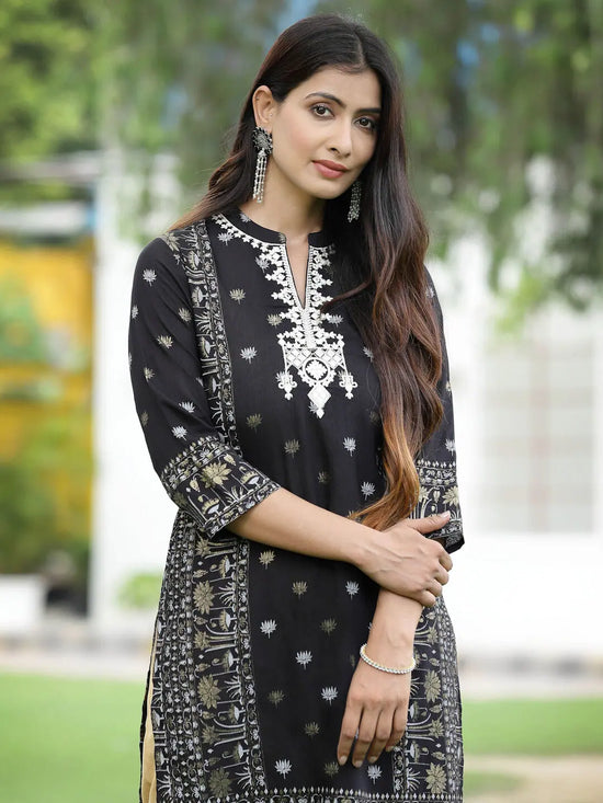 Juniper Women Black Rayon Festive Embroidered Straight Kurta