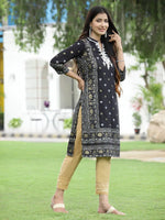 Juniper Women Black Rayon Festive Embroidered Straight Kurta