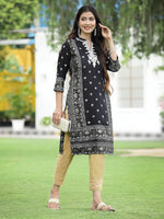 Juniper Women Black Rayon Festive Embroidered Straight Kurta