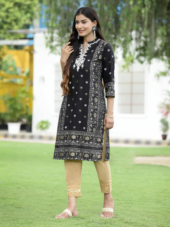 Juniper Women Black Rayon Festive Embroidered Straight Kurta