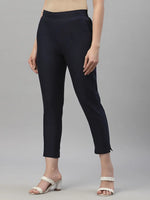 Juniper Navy Cotton Flex Festive Solid Straight Pant/Slim Pant For Women