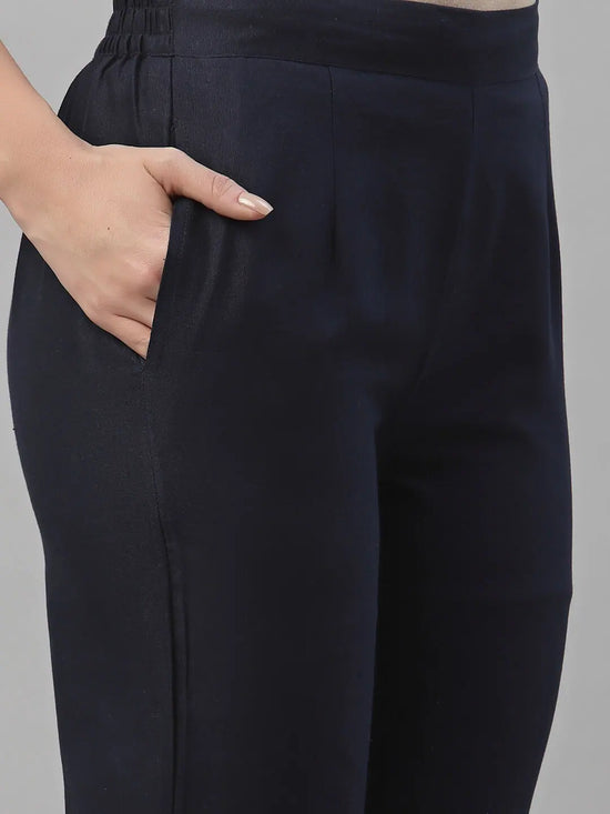 Juniper Navy Cotton Flex Festive Solid Straight Pant/Slim Pant For Women