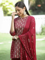 Juniper Maroon Mono Viscose Festive Wear Printed Straight Kurta Sharara Dupatta Set