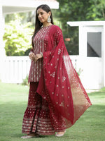 Juniper Maroon Mono Viscose Festive Wear Printed Straight Kurta Sharara Dupatta Set