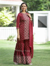 Juniper Maroon Mono Viscose Festive Wear Printed Straight Kurta Sharara Dupatta Set