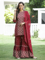 Juniper Maroon Mono Viscose Festive Wear Printed Straight Kurta Sharara Dupatta Set