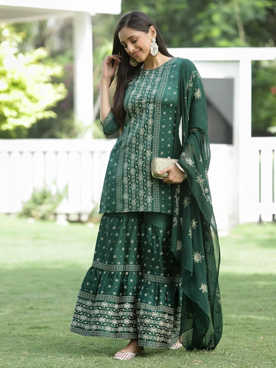 Juniper Green Mono Viscose Festive Wear Printed Straight Kurta Sharara Dupatta Set