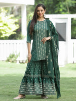 Juniper Green Mono Viscose Festive Wear Printed Straight Kurta Sharara Dupatta Set