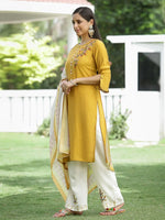 Juniper Mustard Mono Viscose Festive Wear Embroidered Straight Kurta Palazzo Dupatta Set