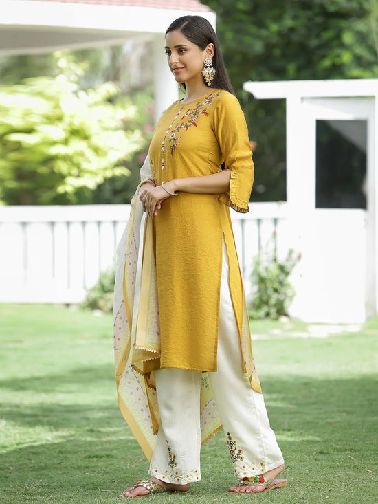 Juniper Mustard Mono Viscose Festive Wear Embroidered Straight Kurta Palazzo Dupatta Set