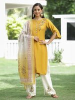 Juniper Mustard Mono Viscose Festive Wear Embroidered Straight Kurta Palazzo Dupatta Set