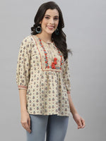 Juniper Beige Cambric Casual Wear Printed A-Line Tunic