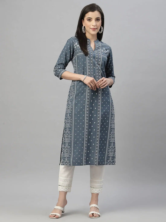 Juniper Blue Rayon Festive Placement Print Straight Kurta For Women