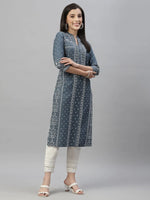 Juniper Blue Rayon Festive Placement Print Straight Kurta For Women