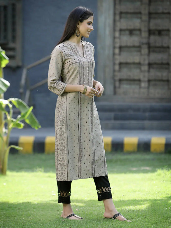 Juniper Beige Rayon Festive Placement Print Straight Kurta For Women