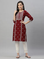 Juniper Maroon Rayon Festive Placement Print Side Straight Kurta For Women