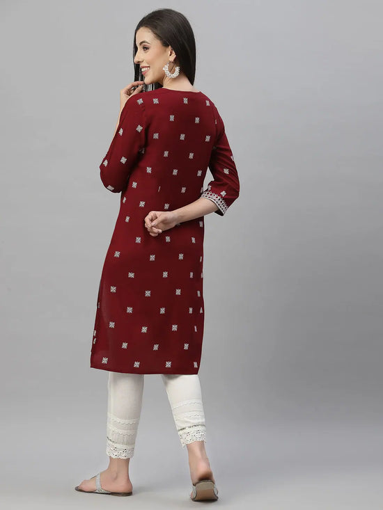 Juniper Maroon Rayon Festive Placement Print Side Straight Kurta For Women