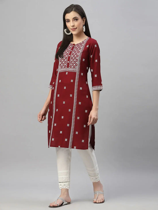 Juniper Maroon Rayon Festive Placement Print Side Straight Kurta For Women