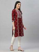 Juniper Maroon Rayon Festive Placement Print Side Straight Kurta For Women