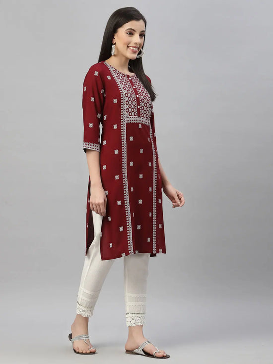 Juniper Maroon Rayon Festive Placement Print Side Straight Kurta For Women