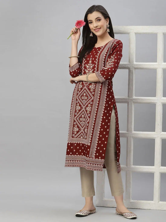 Juniper Maroon Low Rayon Festive Placement Print Straight Kurta For Women