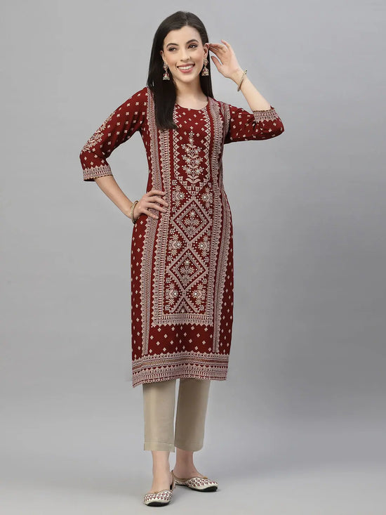 Juniper Maroon Low Rayon Festive Placement Print Straight Kurta For Women