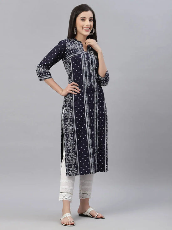 Juniper Indigo Rayon Festive Placement Print Straight Kurta For Women