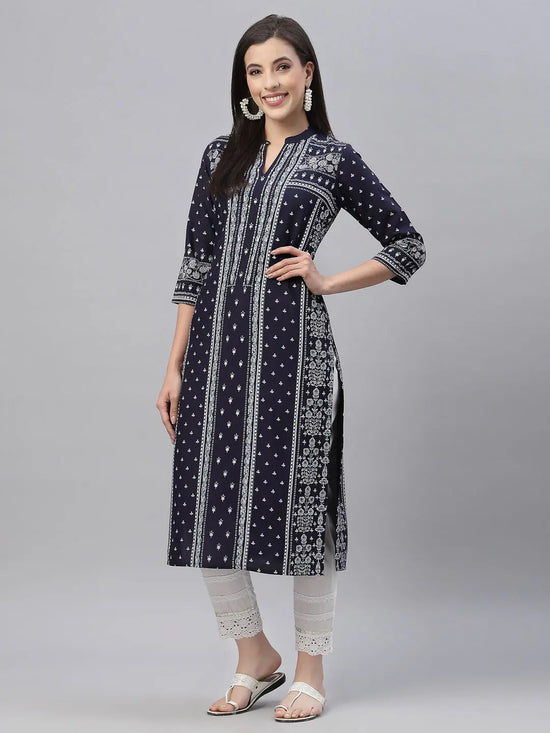 Juniper Indigo Rayon Festive Placement Print Straight Kurta For Women