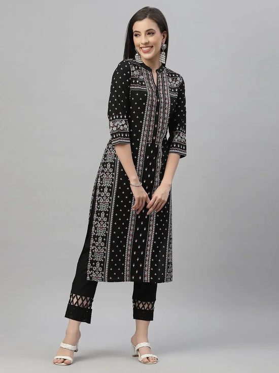 Juniper Black Rayon Festive Placement Print Kurta For Women