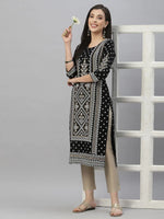 Juniper Black Jet Rayon Festive Placement Print Straight Kurta For Women