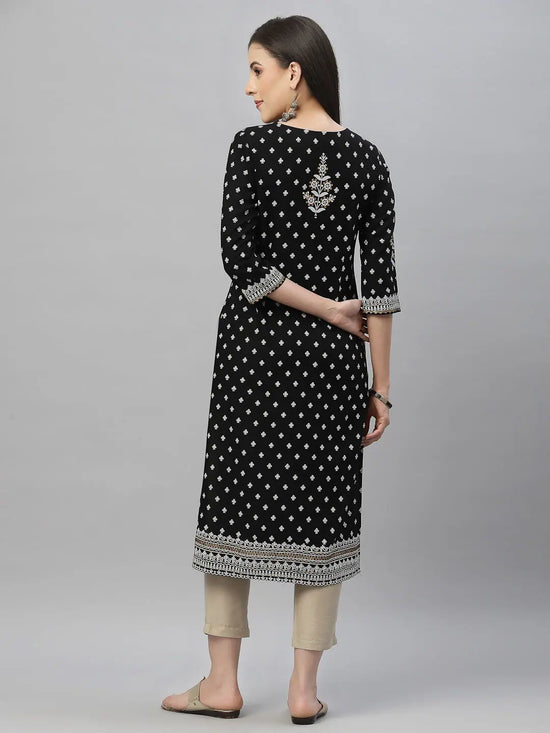 Juniper Black Jet Rayon Festive Placement Print Straight Kurta For Women