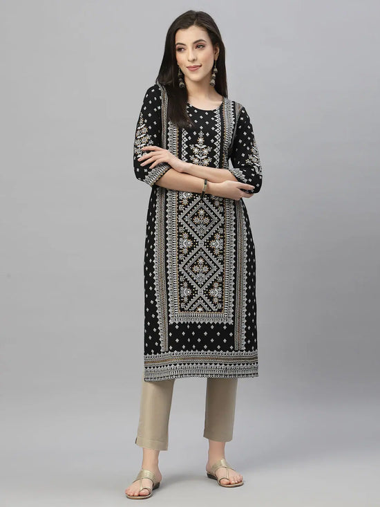 Juniper Black Jet Rayon Festive Placement Print Straight Kurta For Women