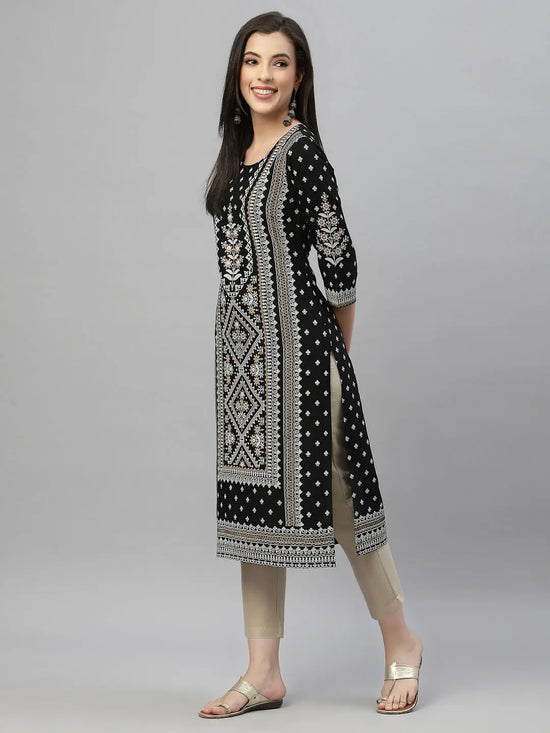 Juniper Black Jet Rayon Festive Placement Print Straight Kurta For Women