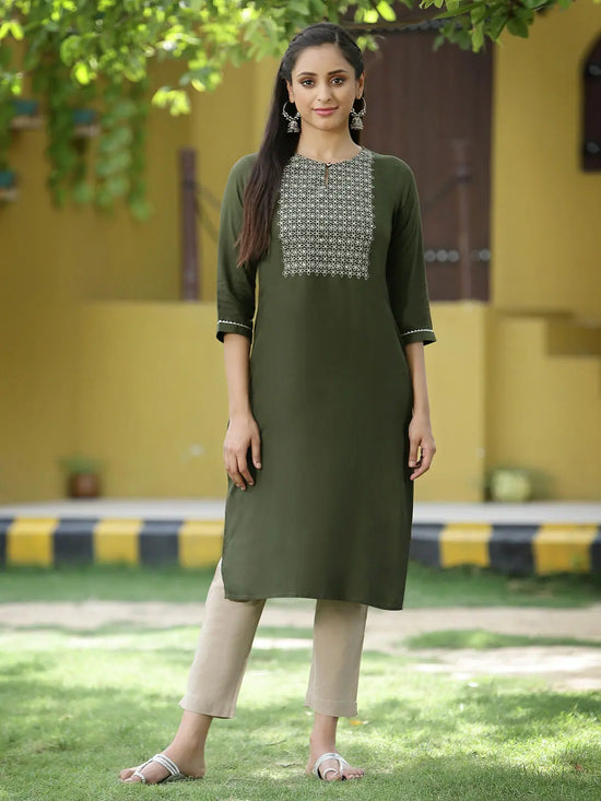 Juniper Green Rayon Festive Embroidered Straight Kurta For Women