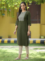 Juniper Green Rayon Festive Embroidered Straight Kurta For Women