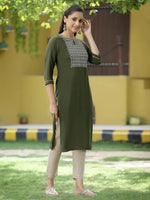 Juniper Green Rayon Festive Embroidered Straight Kurta For Women