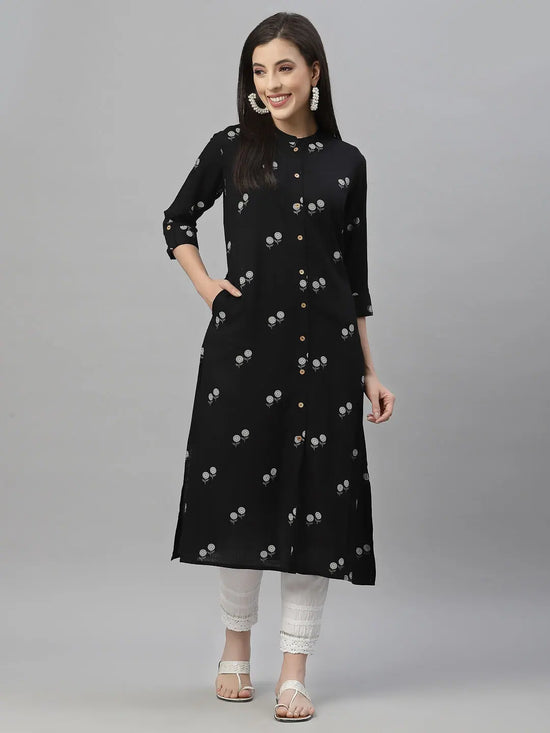 Juniper Black Rayon Festive Printed A-Line Kurta For Women