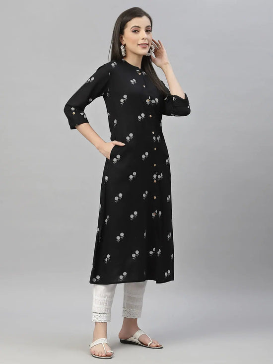 Juniper Black Rayon Festive Printed A-Line Kurta For Women