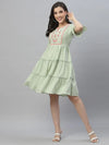 Juniper Green Cotton Dobby Festive Embroidered Tiered Dress For Women