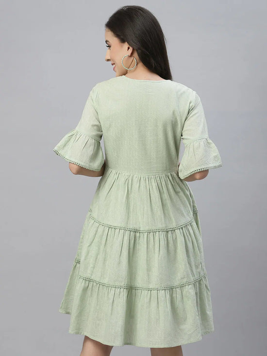 Juniper Green Cotton Dobby Festive Embroidered Tiered Dress For Women