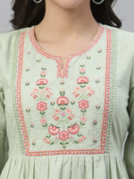 Juniper Green Cotton Dobby Festive Embroidered Tiered Dress For Women