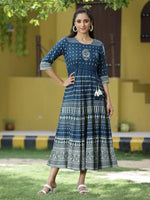 Juniper Blue Rayon Festive Printed Flared Dress For Women