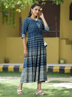 Juniper Blue Rayon Festive Printed Flared Dress For Women