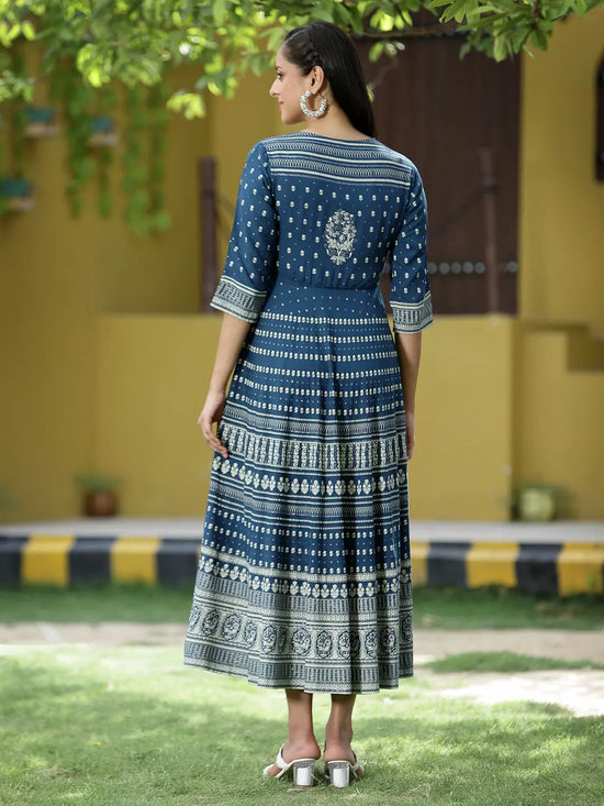 Juniper Blue Rayon Festive Printed Flared Dress For Women