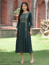 Juniper Bottle Green Rayon Festive Printed Embroidered Flared Dress For Women